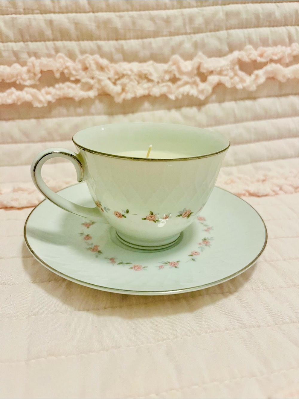 Noritake China Cheri 6352 Vintage Tea Cup & Saucer White Pink - Candle